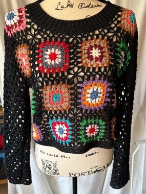 debut Black Open-Knit Crochet Top with Multicolor Accent